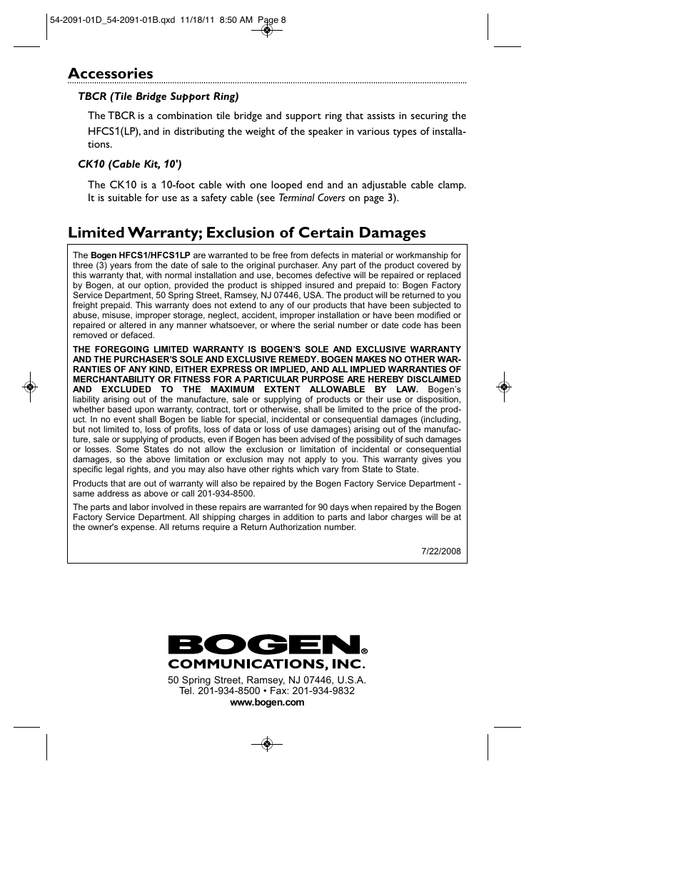 Accessories, Limited warranty; exclusion of certain damages | Bogen HFCS1LP User Manual | Page 8 / 8