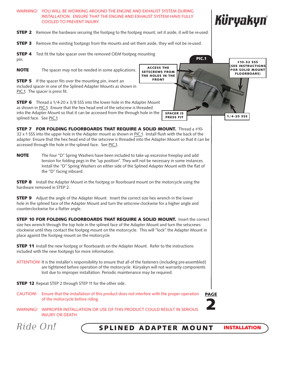 Ride on | Kuryakyn 8825 SPLINED ADAPTER mount User Manual | Page 2 / 2