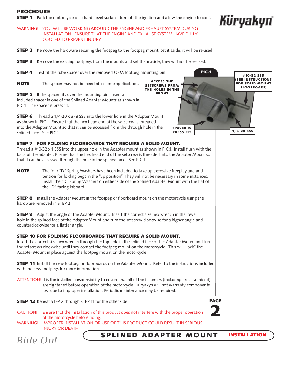 Ride on | Kuryakyn 8826 SPLINED ADAPTER mount User Manual | Page 2 / 2