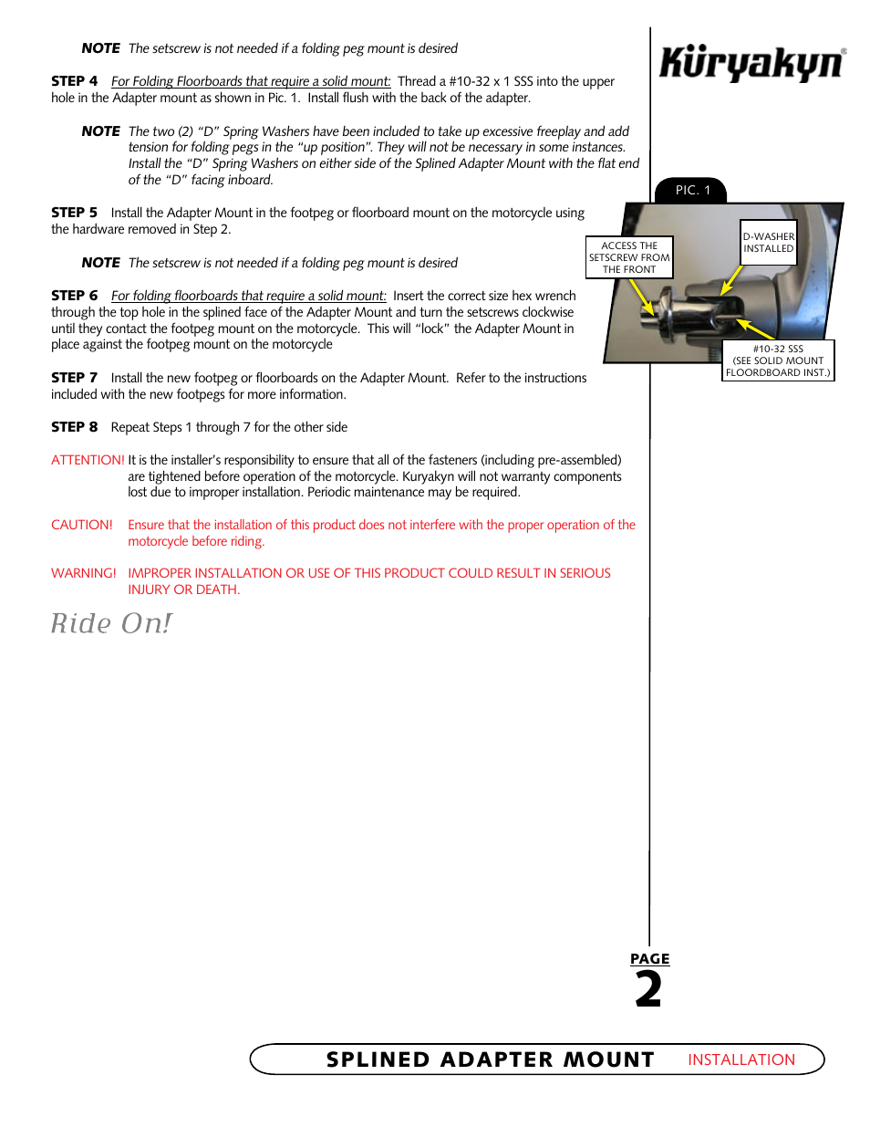 Splined adapter mount | Kuryakyn 8828 SPLINED ADAPTER mount User Manual | Page 2 / 2