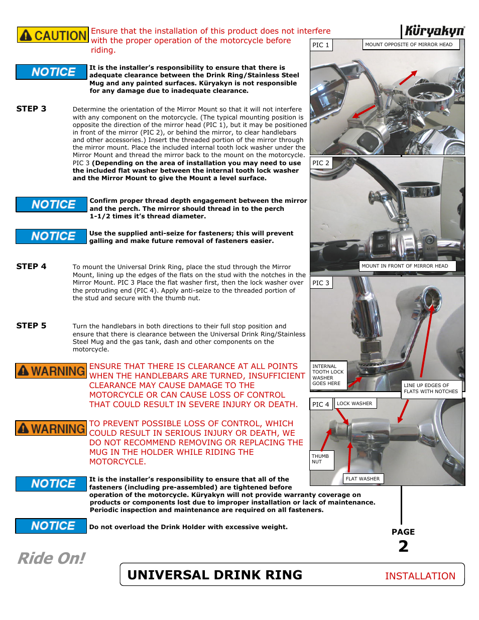 Ride on, Universal drink ring, Installation | Kuryakyn 1792 UNIVERSAL DRINK RING with MUG User Manual | Page 2 / 2