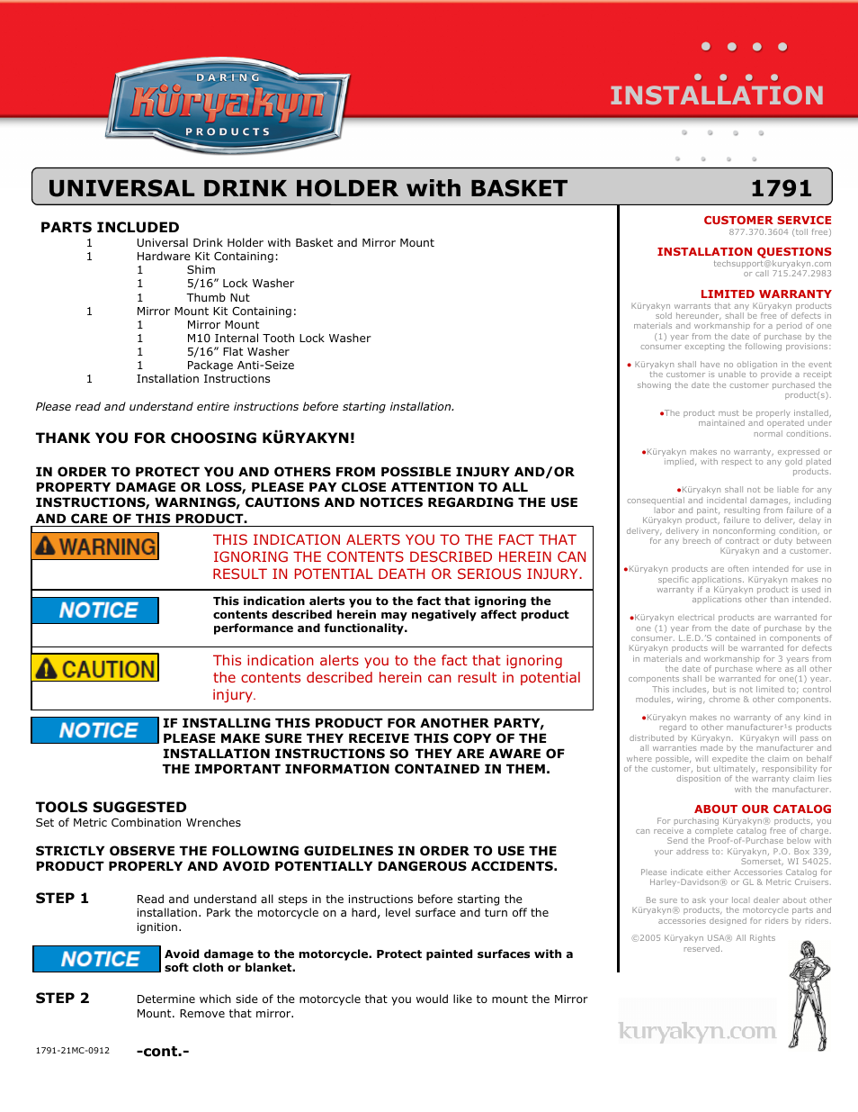 Kuryakyn 1791 UNIVERSAL DRINK HOLDER with BASKET User Manual | 2 pages