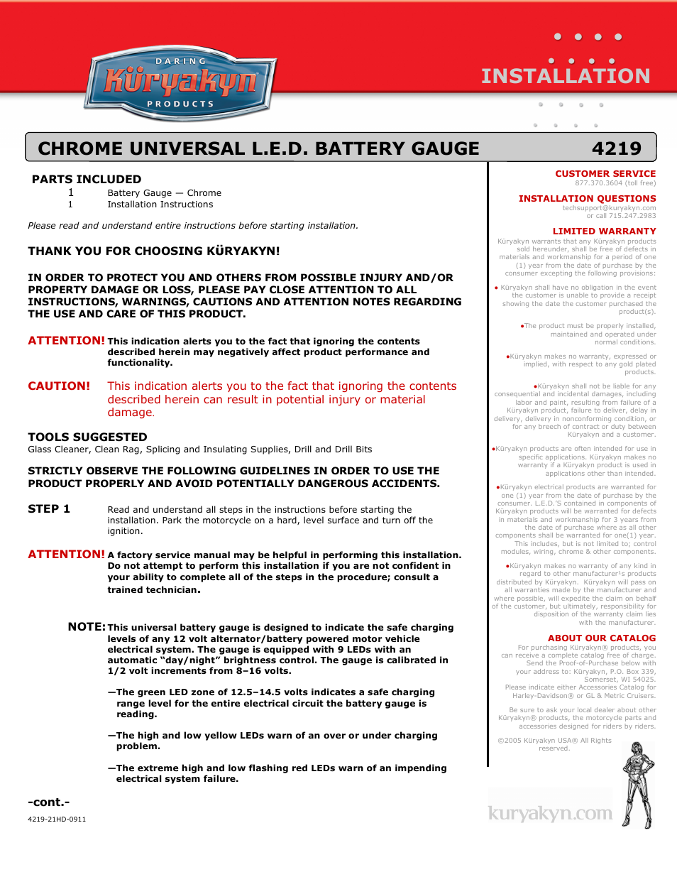 Kuryakyn 4219 CHROME UNIVERSAL L.E.D. BATTERY GAUGE User Manual | 2 pages