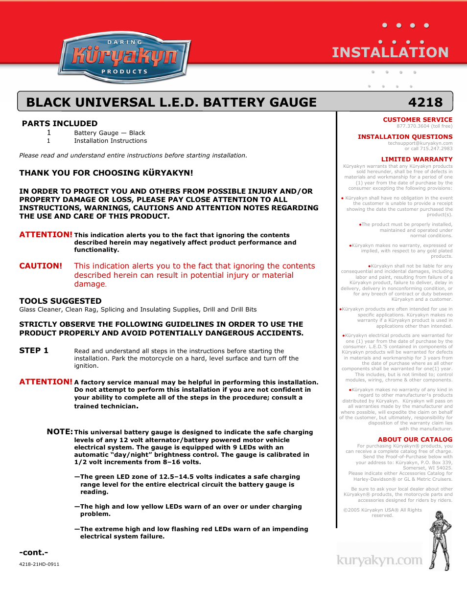 Kuryakyn 4218 BLACK UNIVERSAL L.E.D. BATTERY GAUGE User Manual | 2 pages