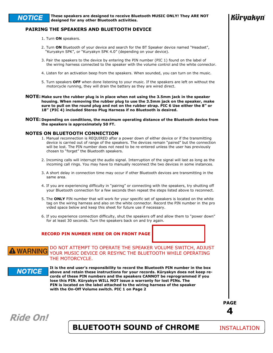 Ride on, Bluetooth sound of chrome, Installation | Kuryakyn 835 BLUETOOTH SOUND of CHROME User Manual | Page 4 / 5