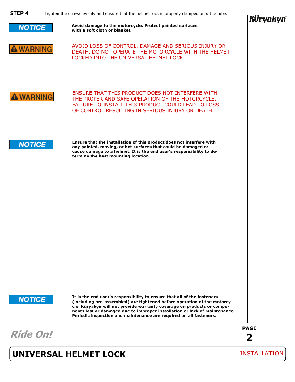 Ride on, Universal helmet lock | Kuryakyn 4220 UNIVERSAL HELMET LOCK User Manual | Page 2 / 2