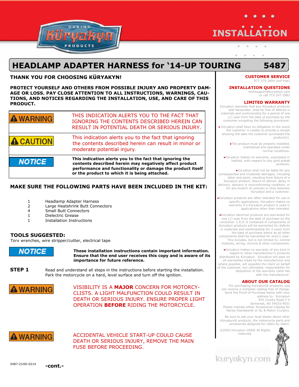 Kuryakyn 5487 HEADLAMP ADAPTER HARNESS for 14-UP TOURING User Manual | 2 pages