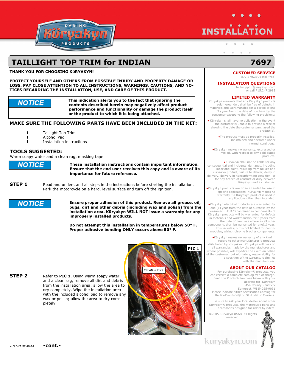Kuryakyn 7697 TAILLIGHT TOP TRIM for INDIAN User Manual | 2 pages