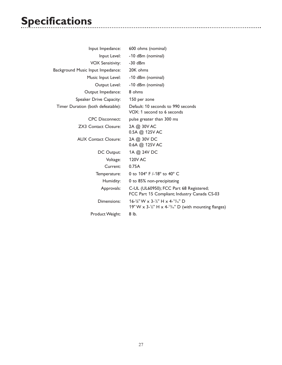 Specifications | Bogen UTI312 User Manual | Page 27 / 32