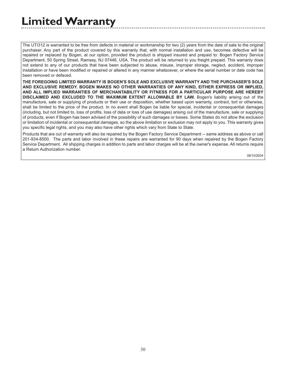 Limited warranty | Bogen UTI312 User Manual | Page 30 / 32