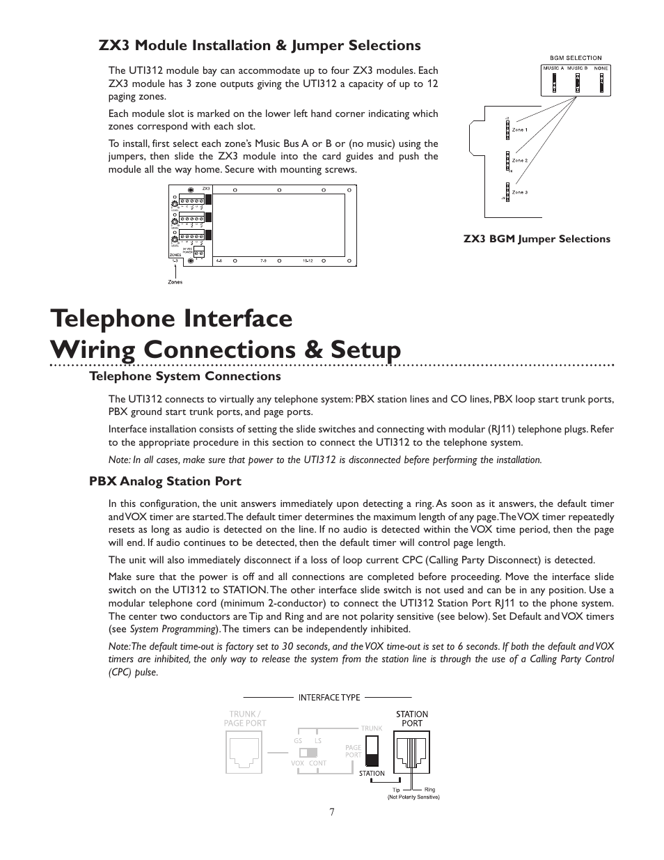 Telephone interface wiring connections & setup, Zx3 module installation & jumper selections | Bogen UTI312 User Manual | Page 7 / 32