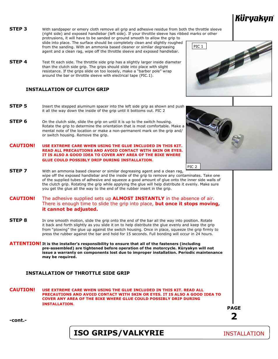 Iso grips/valkyrie, Installation | Kuryakyn 6190 ISO GRIPS for VALKYRIE User Manual | Page 2 / 3