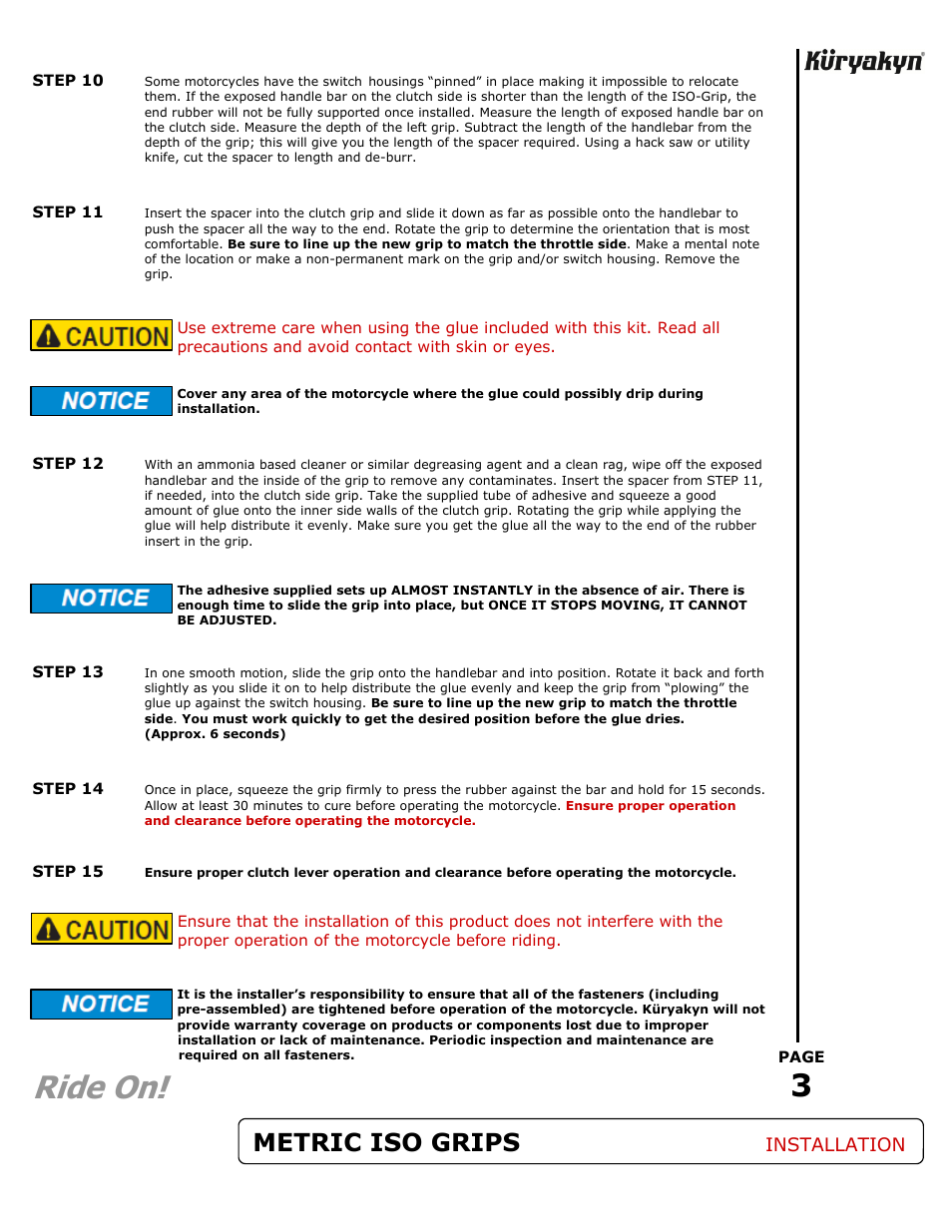 Ride on, Metric iso grips, Installation | Kuryakyn 6235 ISO GRIPS FOR METRIC CRUISERS User Manual | Page 3 / 3