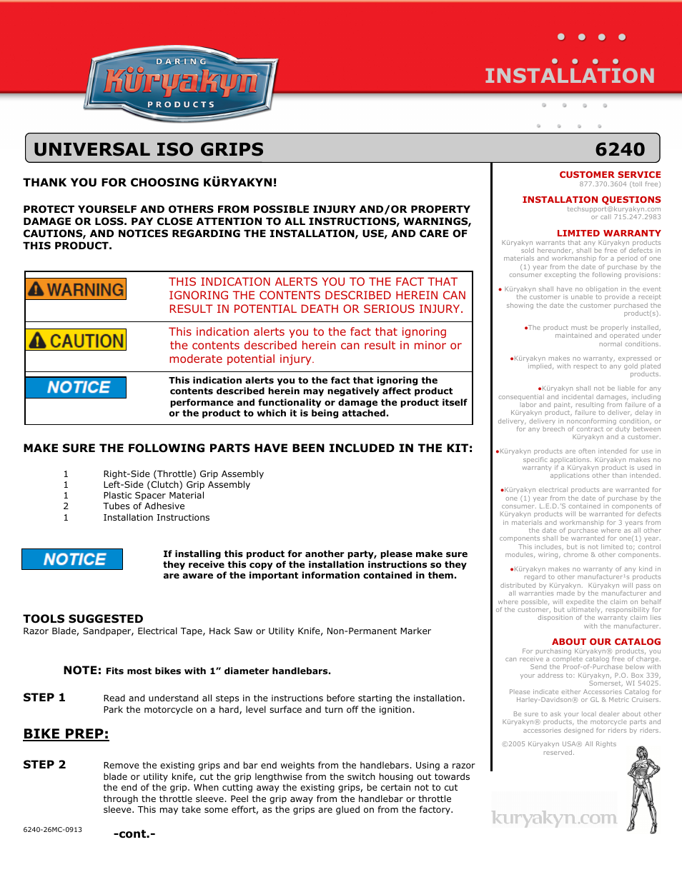 Kuryakyn 6240 UNIVERSAL ISO GRIPS User Manual | 3 pages