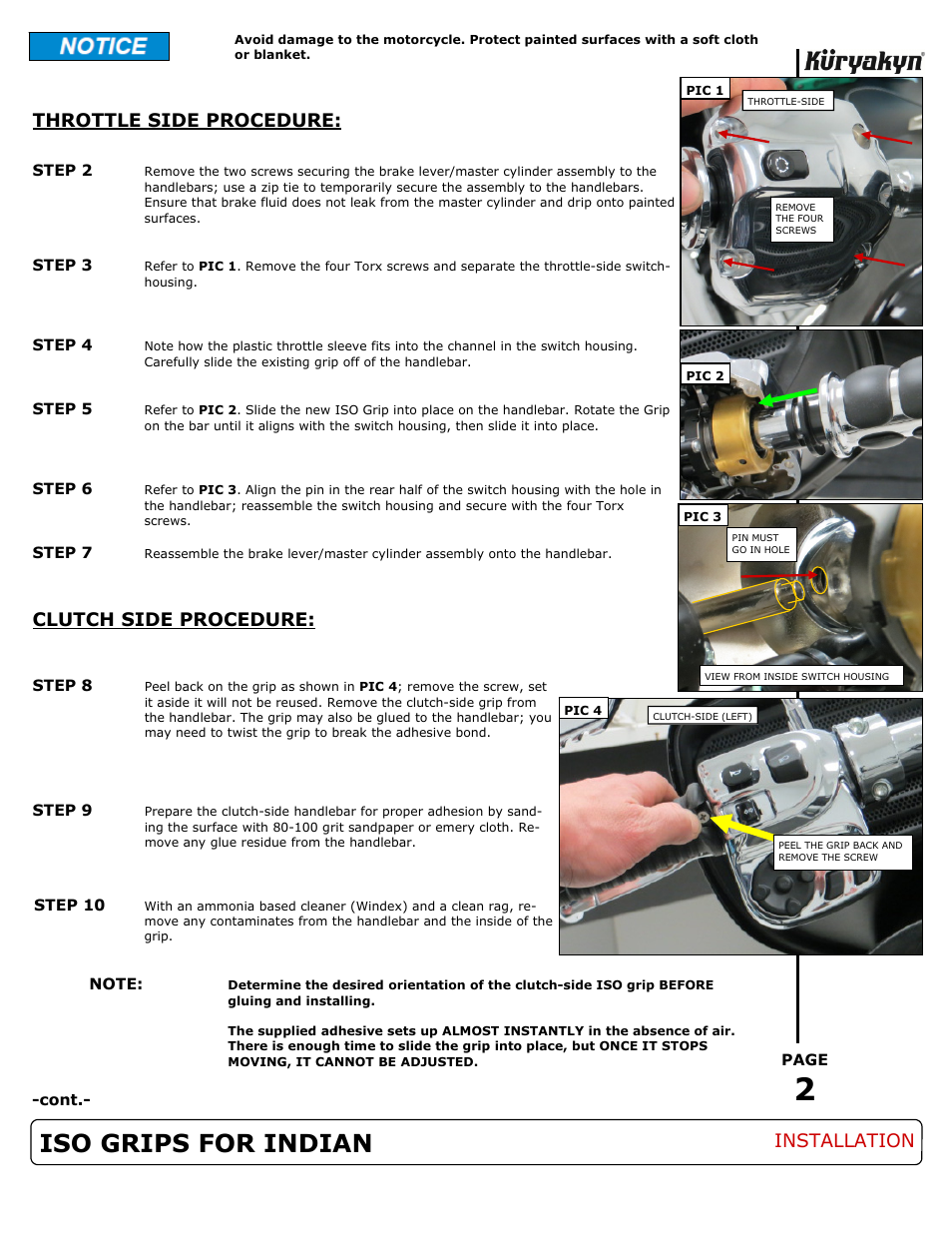 Iso grips for indian, Throttle side procedure, Clutch side procedure | Installation | Kuryakyn 6366 ISO GRIPS FOR INDIAN User Manual | Page 2 / 3