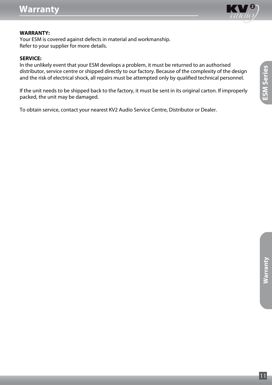 Warranty | KV2 Audio ESM12 User Guide User Manual | Page 11 / 12