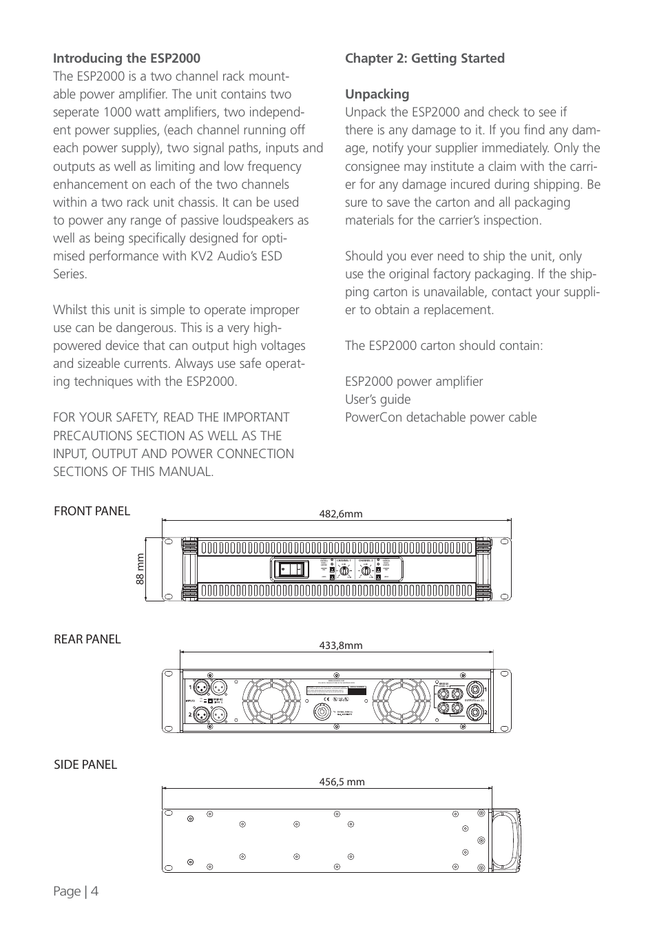Front panel rear panel side panel page | 4 | KV2 Audio ESP2000 User Manual | Page 4 / 12