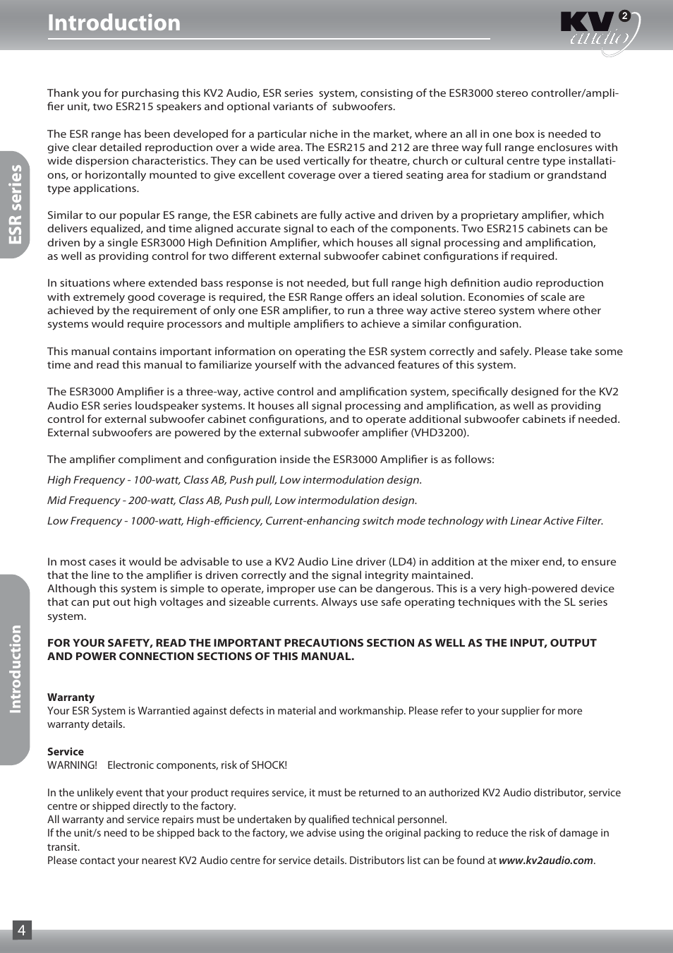 Introduction, Esr series | KV2 Audio ESR215 User Manual | Page 4 / 20