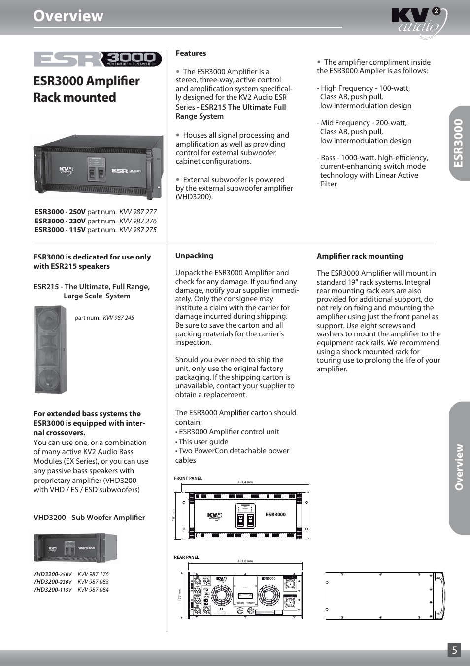 Overview, Esr3000 amplifier rack mounted, Esr3000 | Overview 5 | KV2 Audio ESR215 User Manual | Page 5 / 20