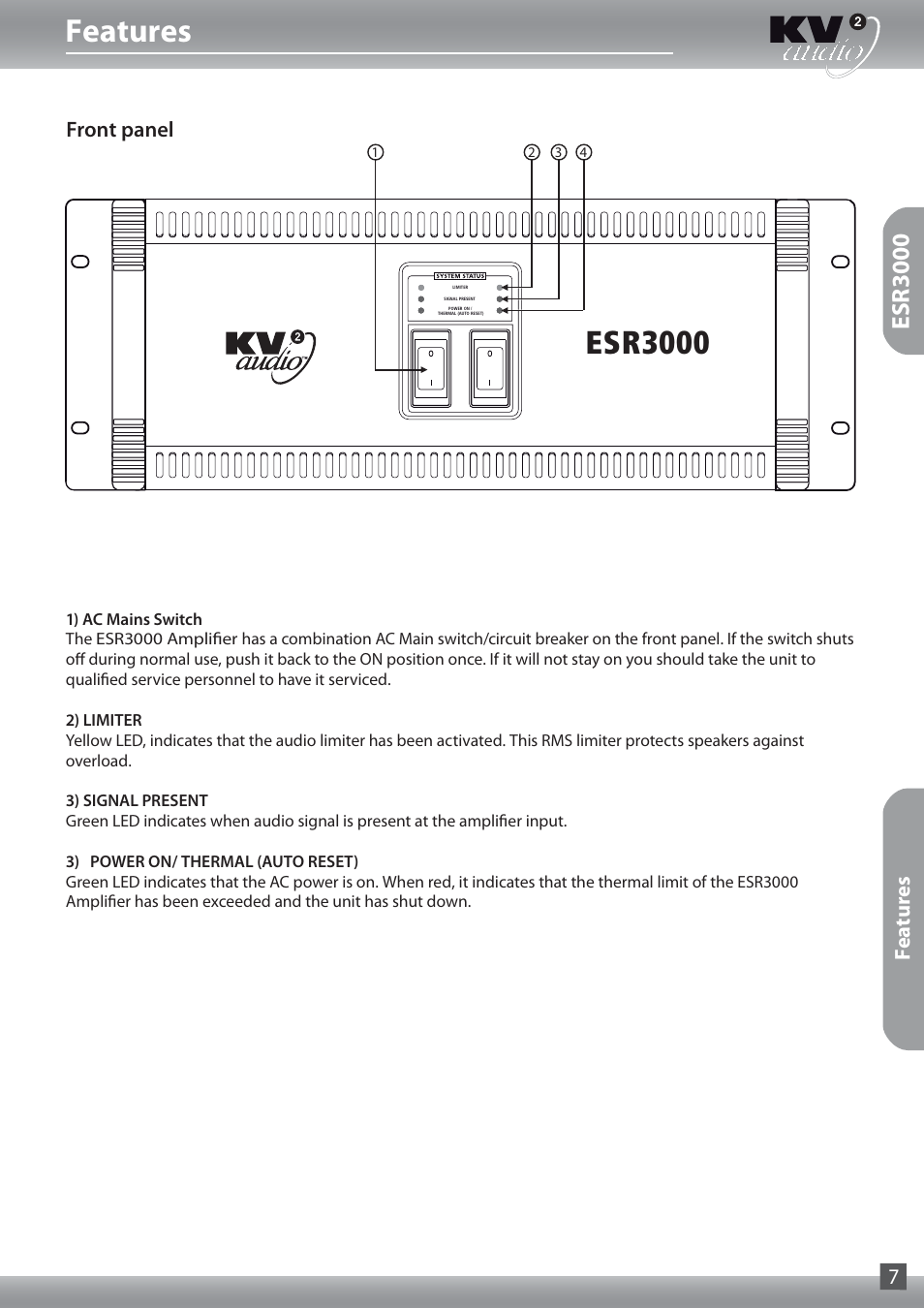 Features, Esr3000, Front panel | Features 7 | KV2 Audio ESR215 User Manual | Page 7 / 20