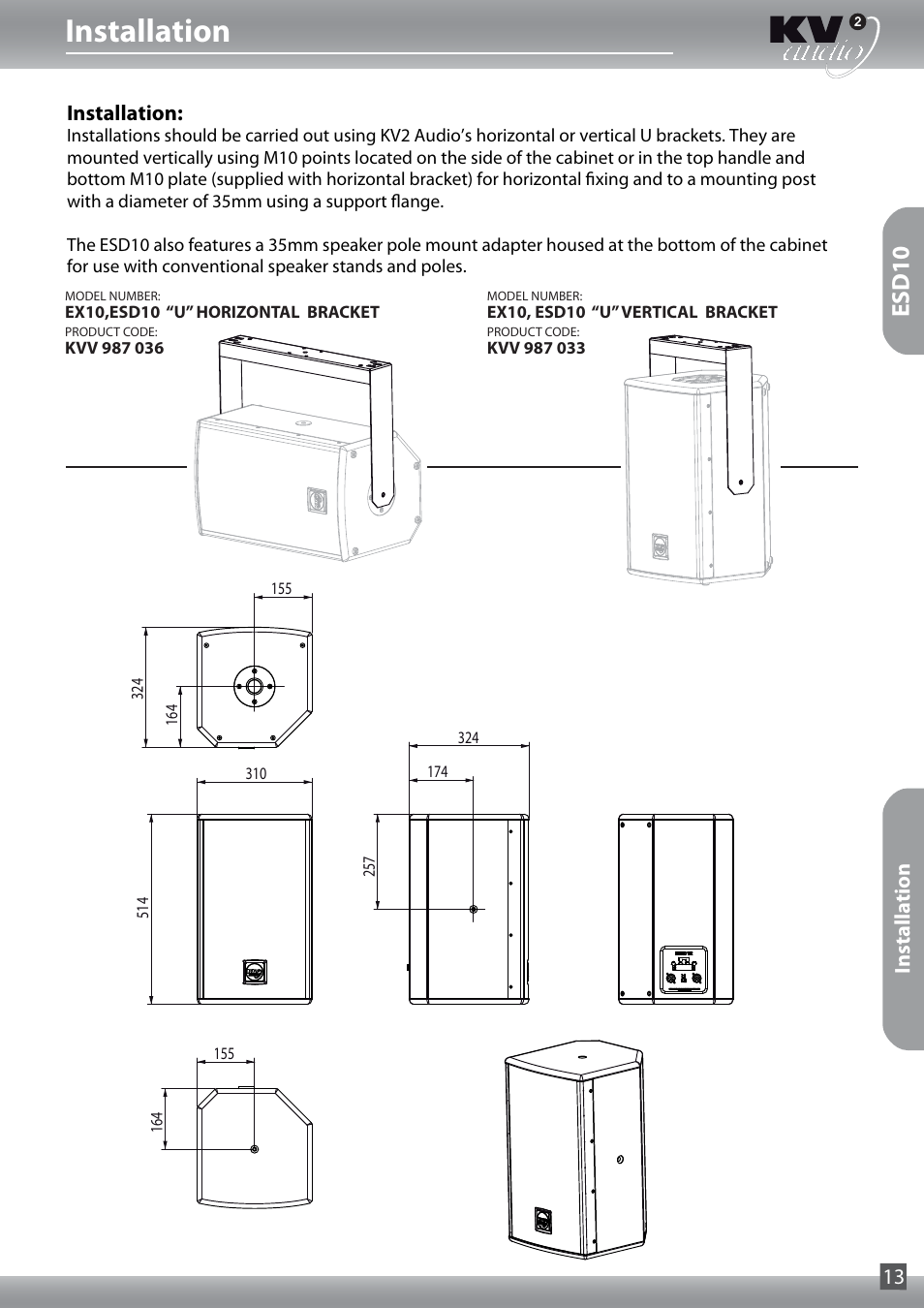 Esd10, Installation, Installation 13 | KV2 Audio ESD15 User Manual | Page 13 / 28