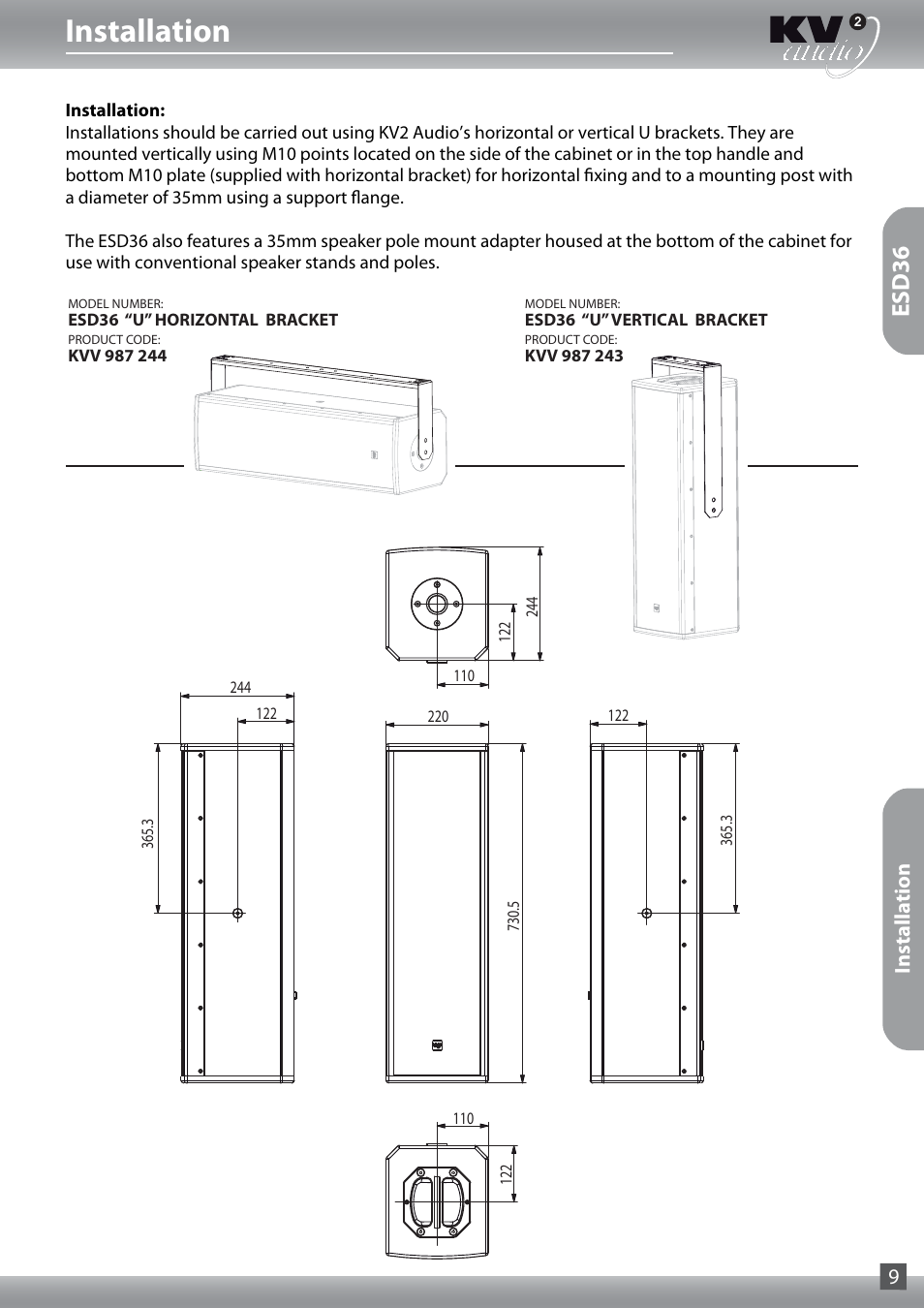 Installation, Esd36, Installation 9 | KV2 Audio ESD15 User Manual | Page 9 / 28