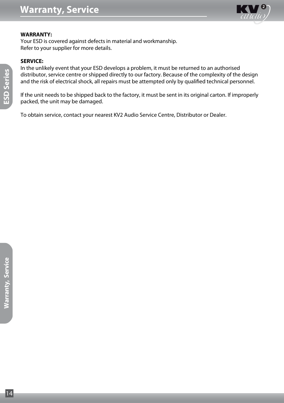 Warranty, service | KV2 Audio ESD1.18 User Manual | Page 14 / 16