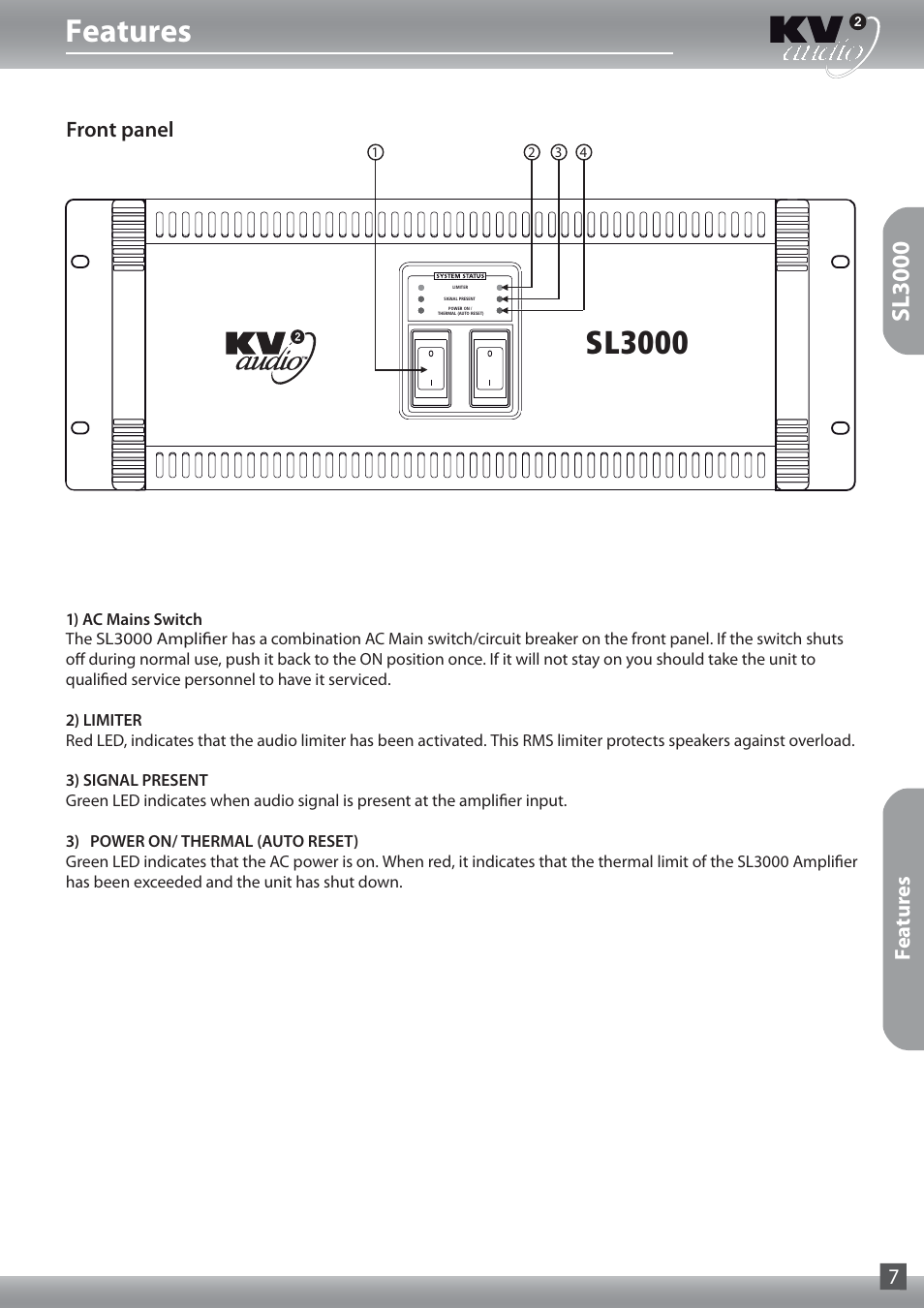 Features, Sl3000, Front panel | Features 7 | KV2 Audio SL2.15 User Manual | Page 7 / 28