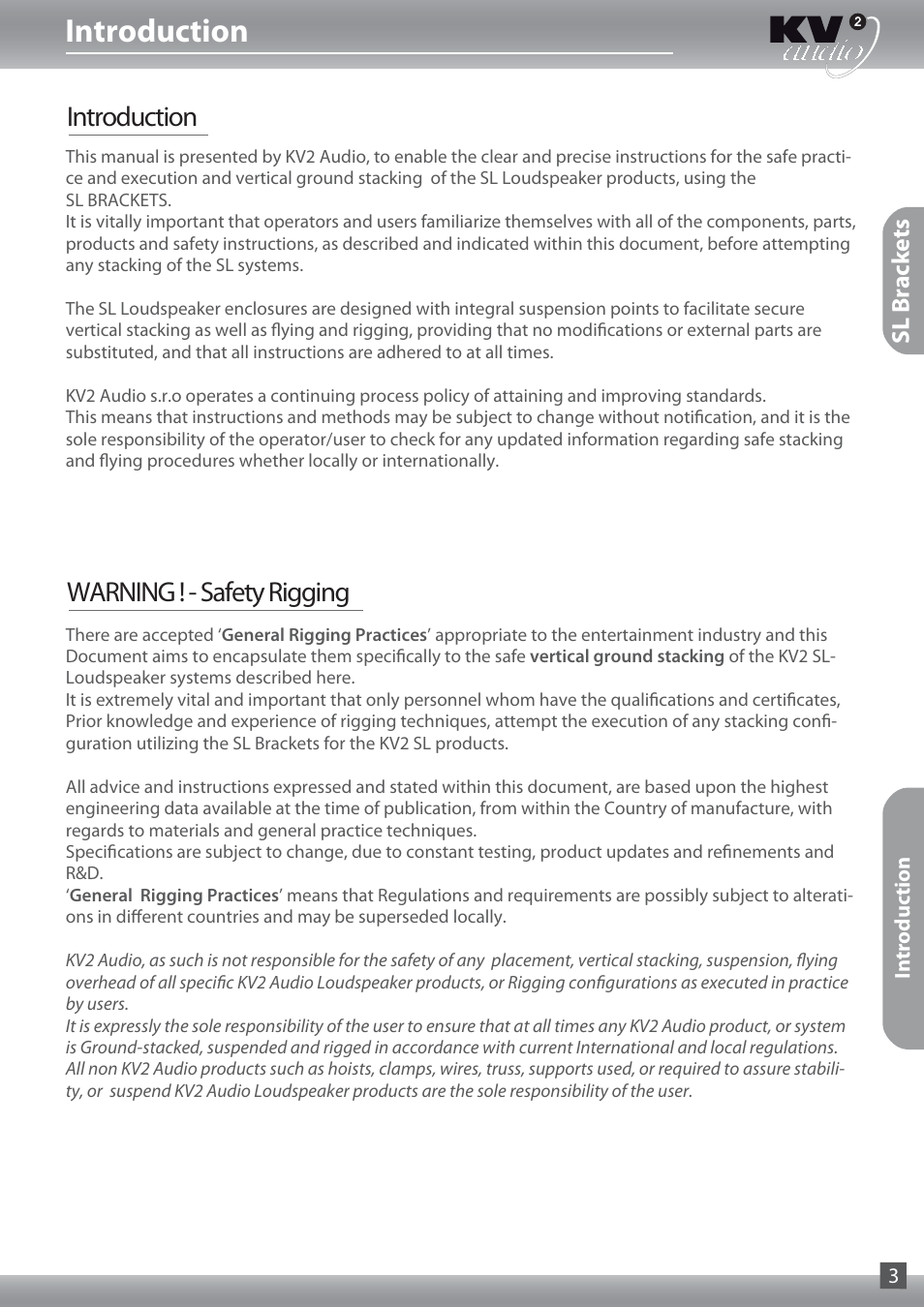 Introduction, Introduction warning ! - safety rigging | KV2 Audio SL Brackets User Manual | Page 3 / 8
