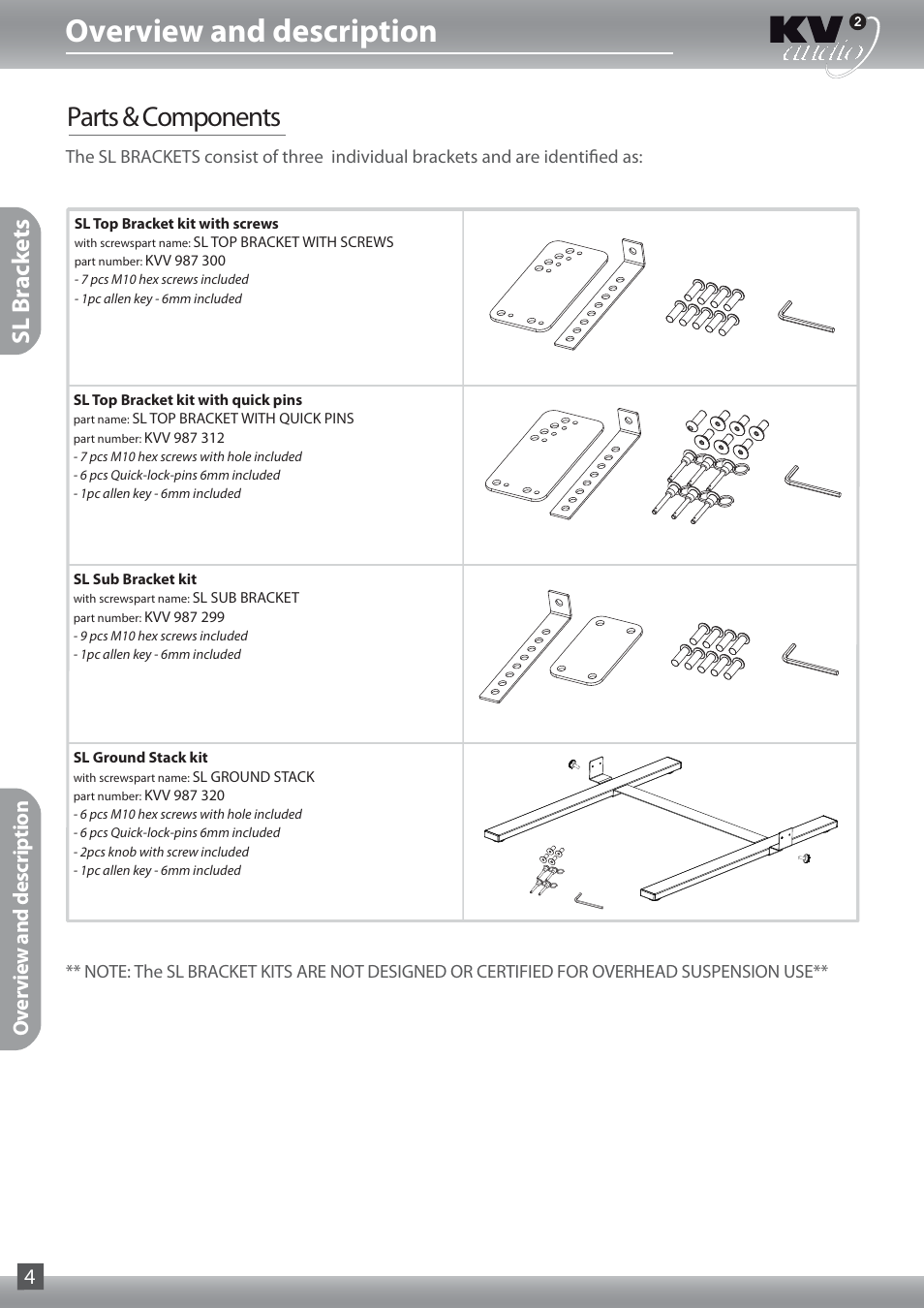 Overview and description, Parts & components, Sl br ack ets | Overview and description 4 | KV2 Audio SL Brackets User Manual | Page 4 / 8