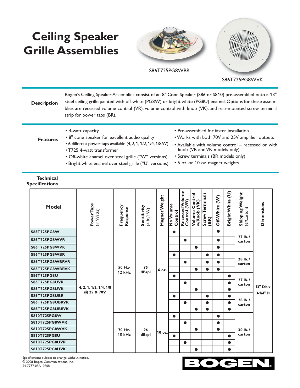 Bogen S86T725PG8WBR User Manual | 2 pages