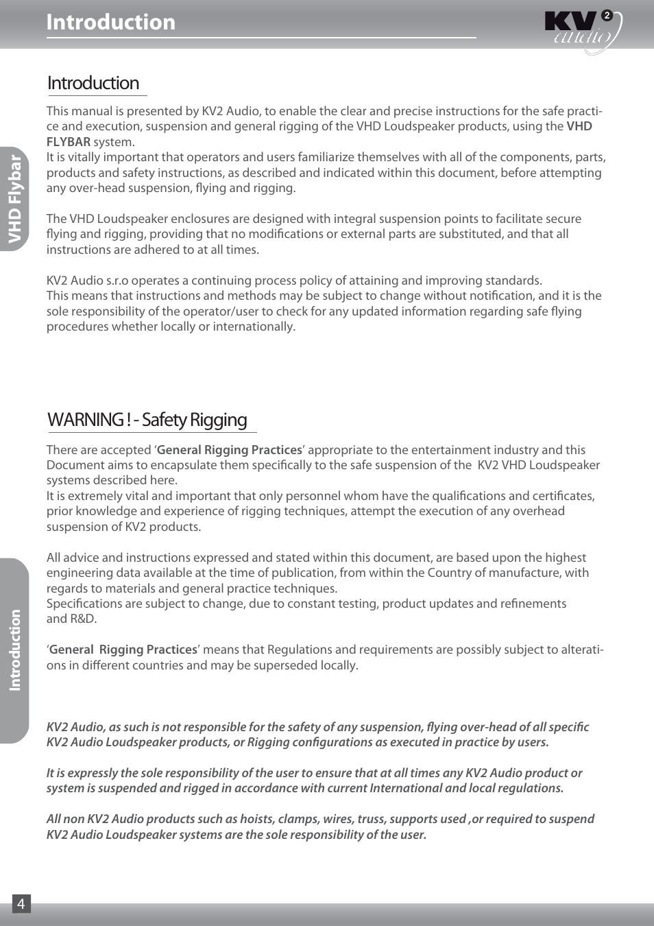 Introduction, Introduction warning ! - safety rigging, Vhd f lybar | KV2 Audio VHD Flyware, Suspension & Rigging User Guide User Manual | Page 4 / 12