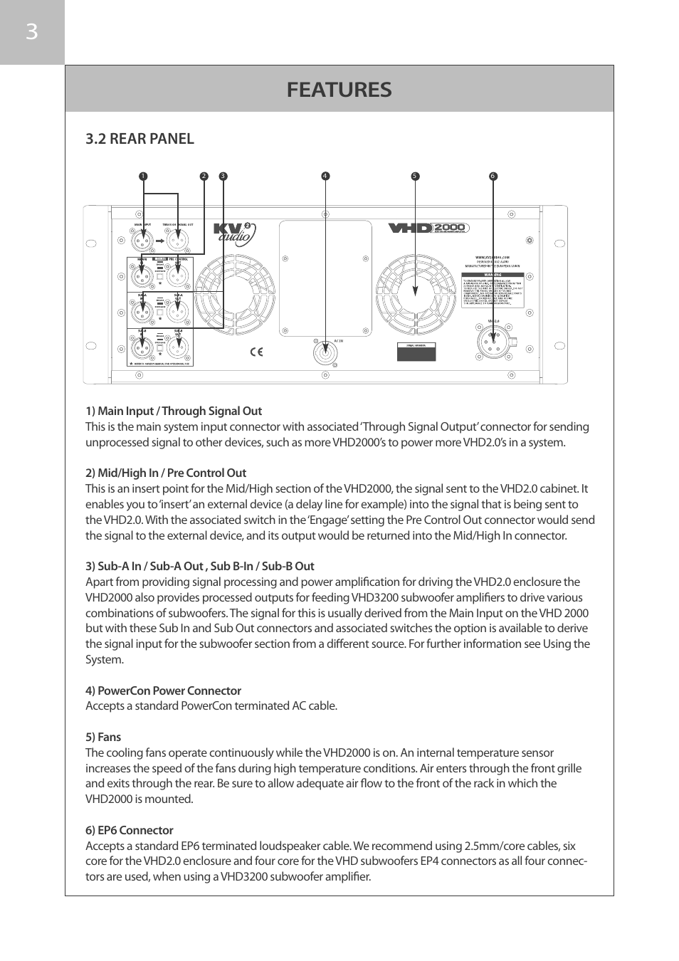 Features, 2 rear panel | KV2 Audio VHD2000 User Manual | Page 10 / 24