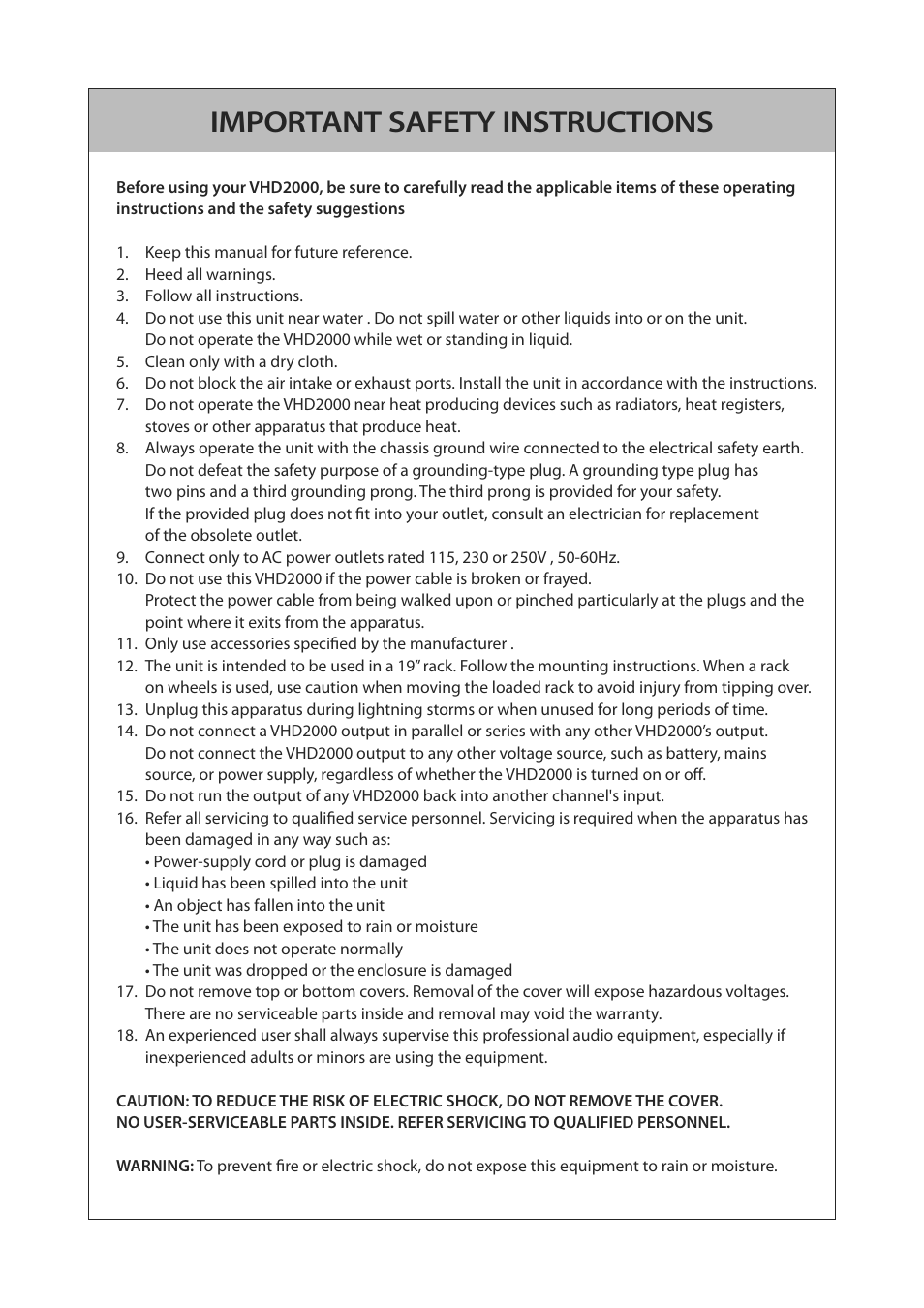 Important safety instructions | KV2 Audio VHD2000 User Manual | Page 3 / 24