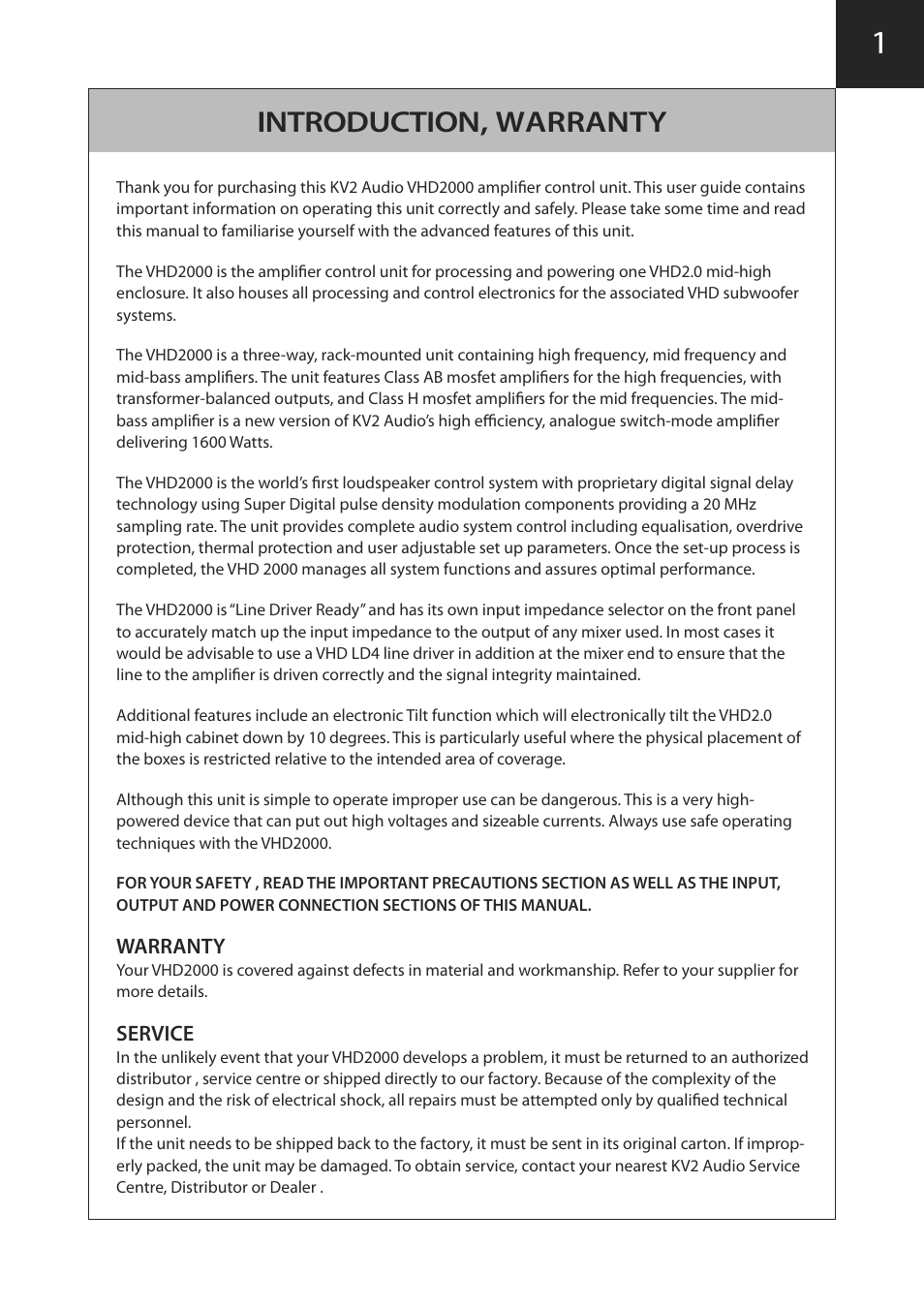 Introduction, warranty | KV2 Audio VHD2000 User Manual | Page 5 / 24