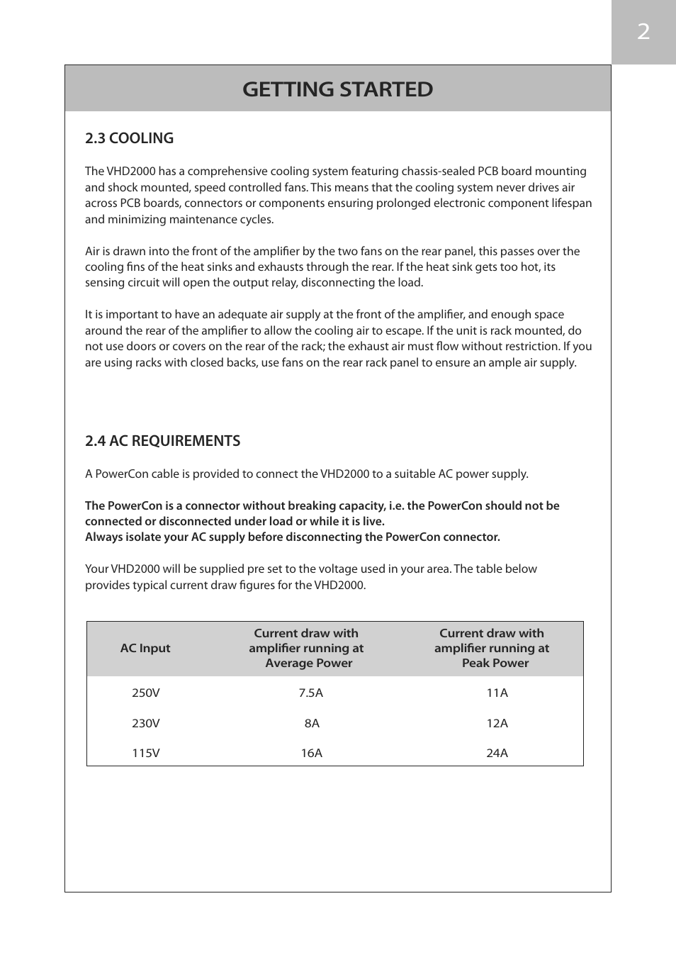 Getting started, 3 cooling, 4 ac requirements | KV2 Audio VHD2000 User Manual | Page 7 / 24