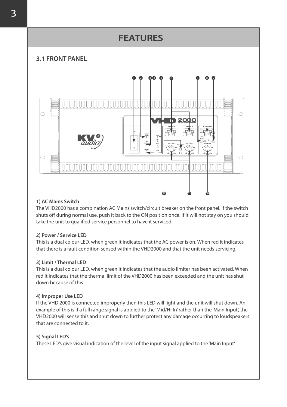 Features, 1 front panel | KV2 Audio VHD2000 User Manual | Page 8 / 24