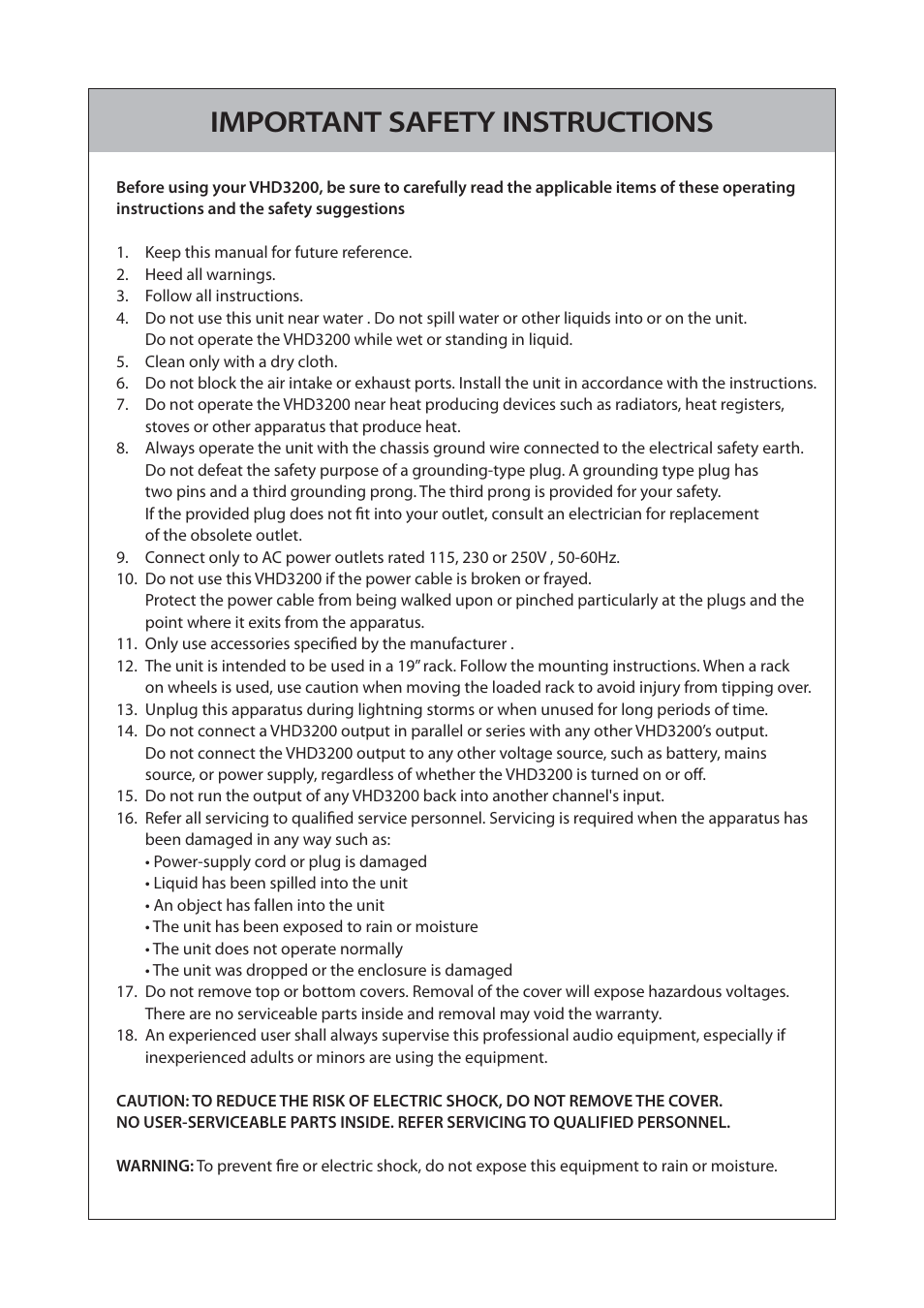 Important safety instructions | KV2 Audio VHD3200 User Manual | Page 2 / 12