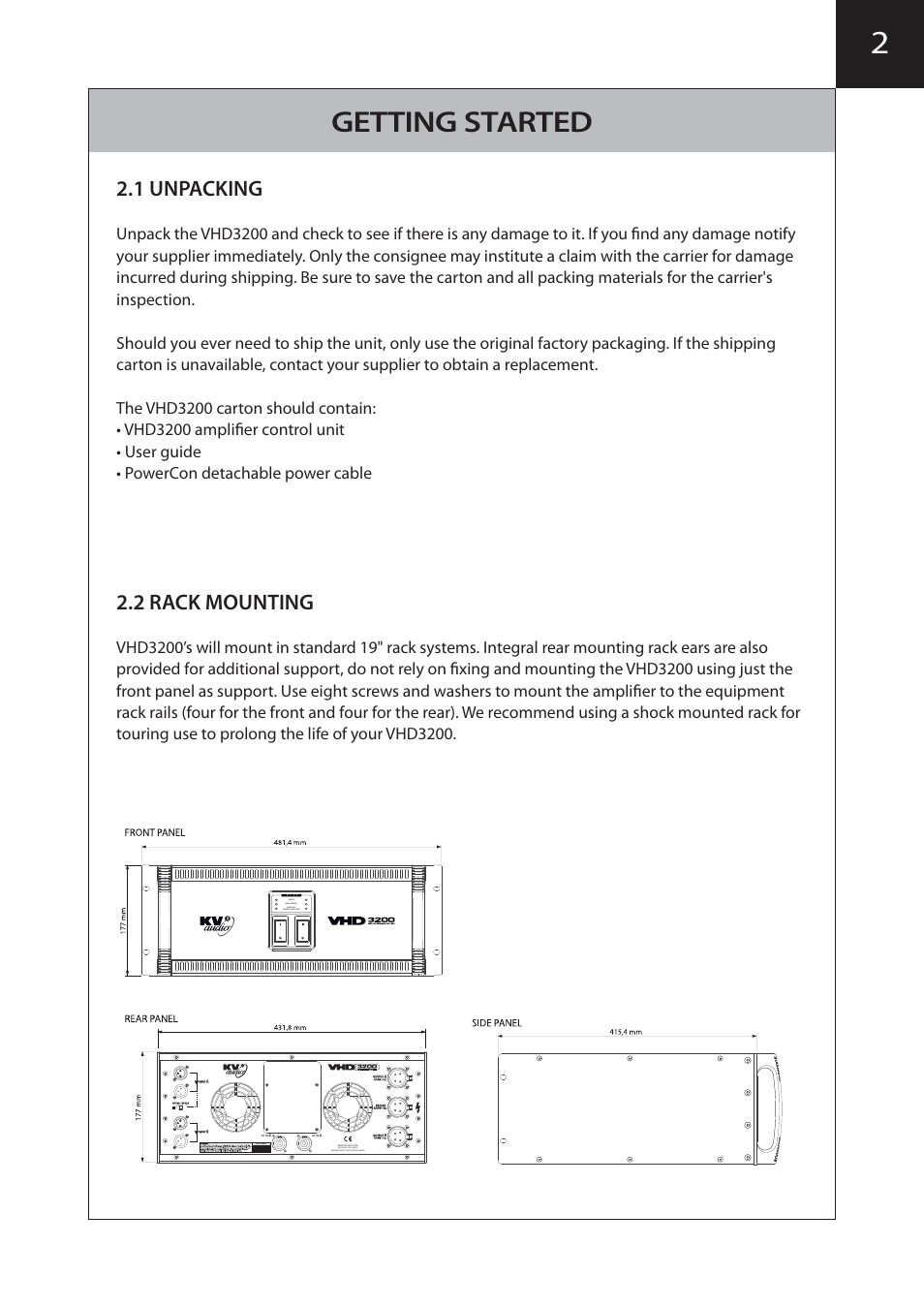 Getting started, 1 unpacking, 2 rack mounting | Serial number, Off on | KV2 Audio VHD3200 User Manual | Page 5 / 12