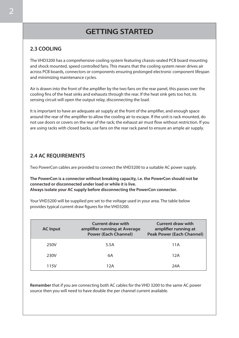 Getting started, 3 cooling, 4 ac requirements | KV2 Audio VHD3200 User Manual | Page 6 / 12
