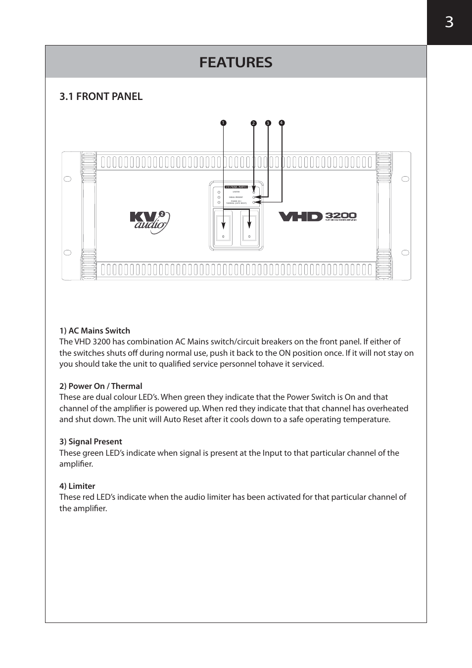 Features, 1 front panel | KV2 Audio VHD3200 User Manual | Page 7 / 12