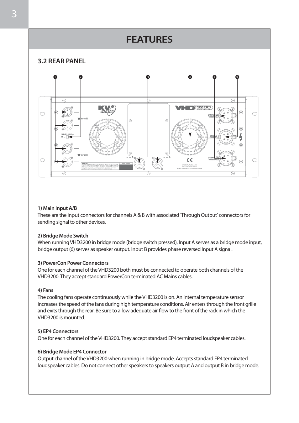 Features, 2 rear panel | KV2 Audio VHD3200 User Manual | Page 8 / 12