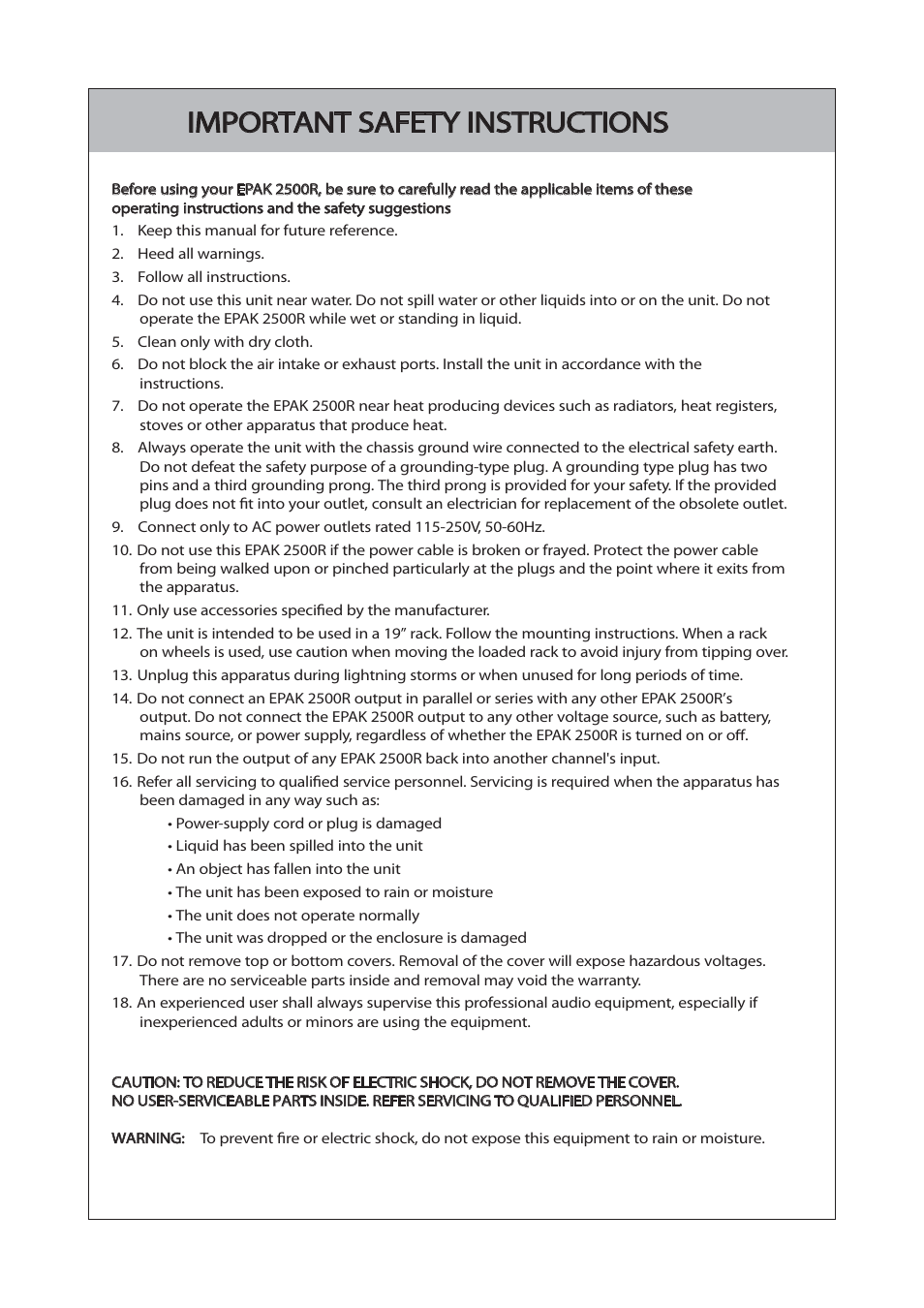 Important safety instructions | KV2 Audio EPAK2500R User Manual | Page 2 / 16