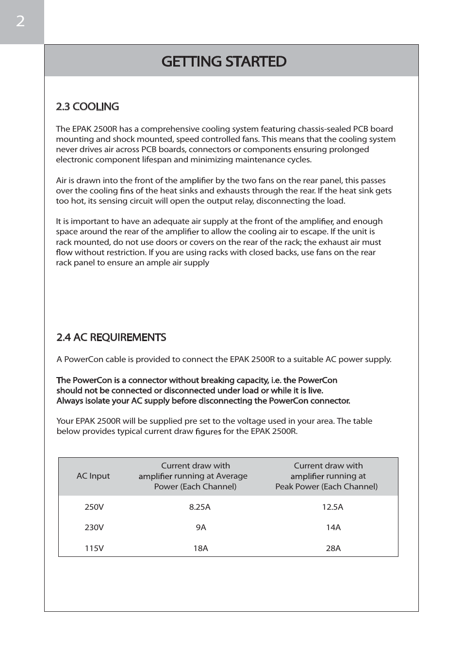 Getting started, 3 cooling, 4 ac requirements | KV2 Audio EPAK2500R User Manual | Page 6 / 16