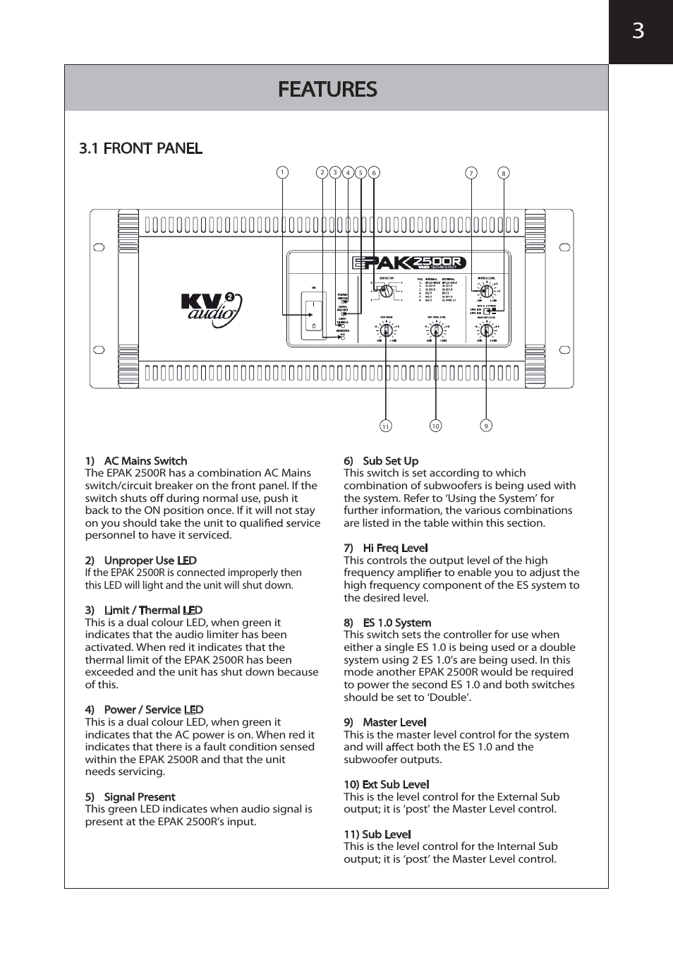 Features, 1 front panel | KV2 Audio EPAK2500R User Manual | Page 7 / 16