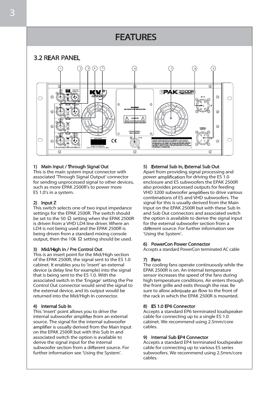 Features, 2 rear panel | KV2 Audio EPAK2500R User Manual | Page 8 / 16