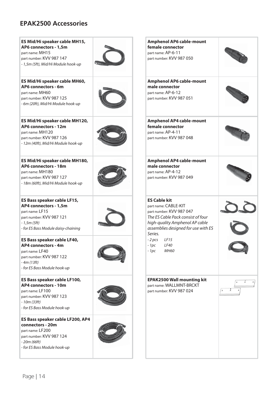 Epak2500 accessories, Page | 14 | KV2 Audio EPAK2500 User Manual | Page 14 / 16