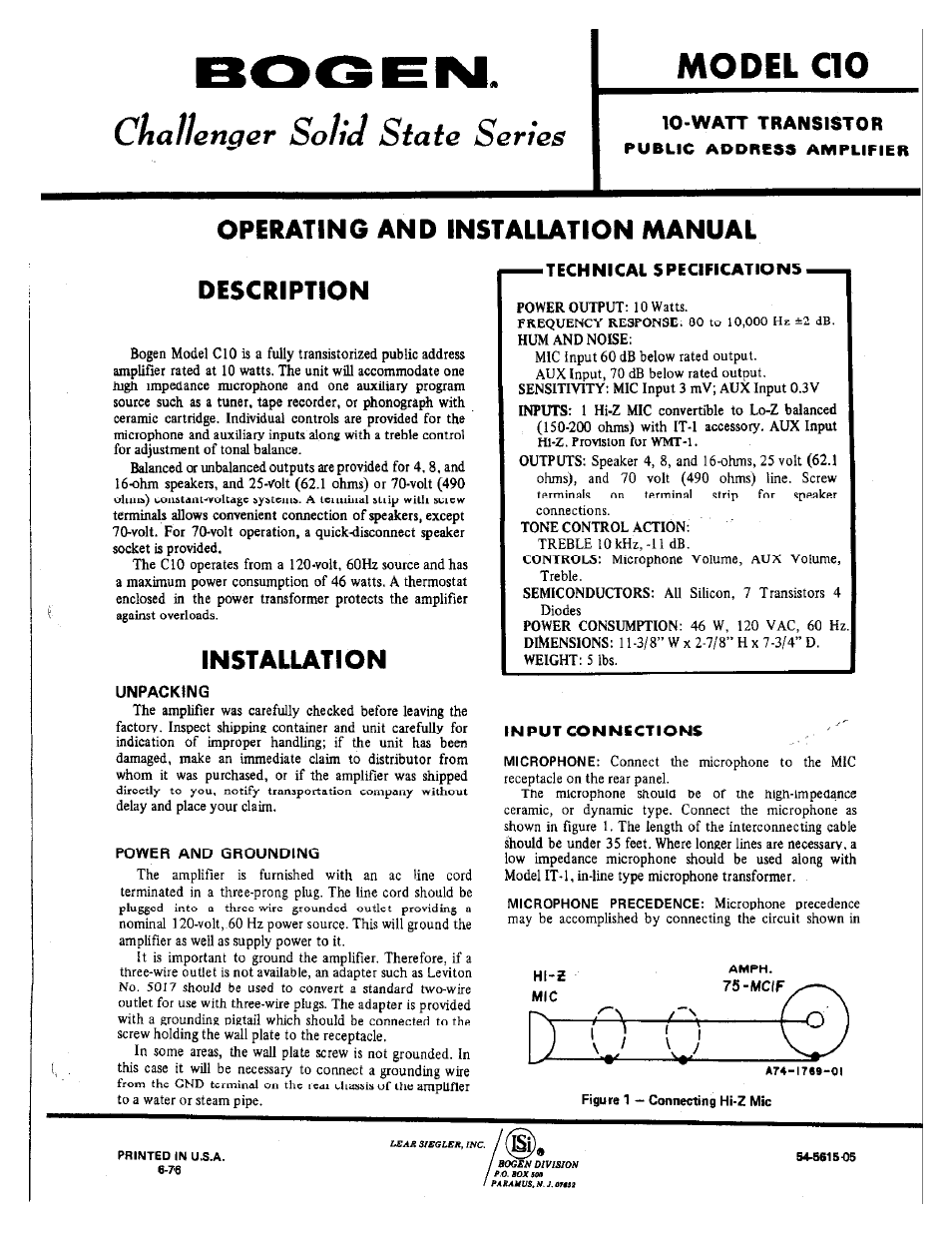 Bogen CHALLENGER SOLID STATE SERIES C10 User Manual | 4 pages