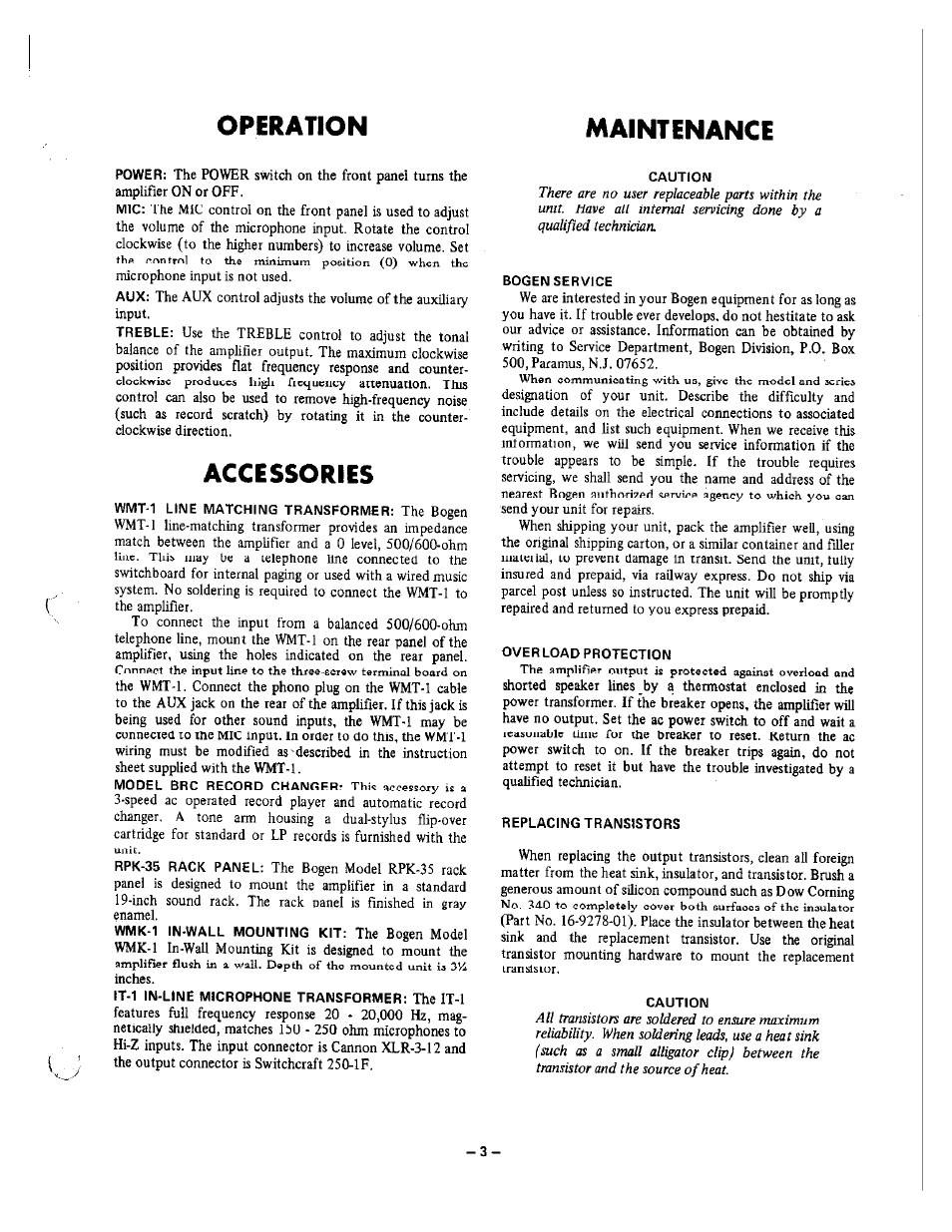 Maintenance, Accessories, Operation maintenance | Bogen CHALLENGER SOLID STATE SERIES C10 User Manual | Page 3 / 4