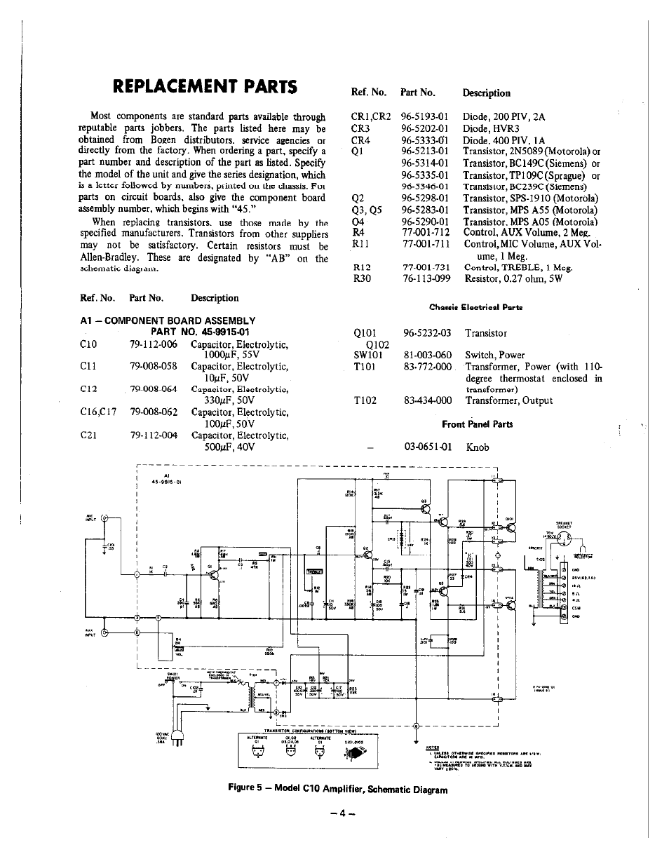 Replacement parts | Bogen CHALLENGER SOLID STATE SERIES C10 User Manual | Page 4 / 4